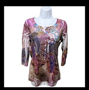 Susan Lawrence Paisley Burnout Top S 3/4 Sleeve Artsy Boho